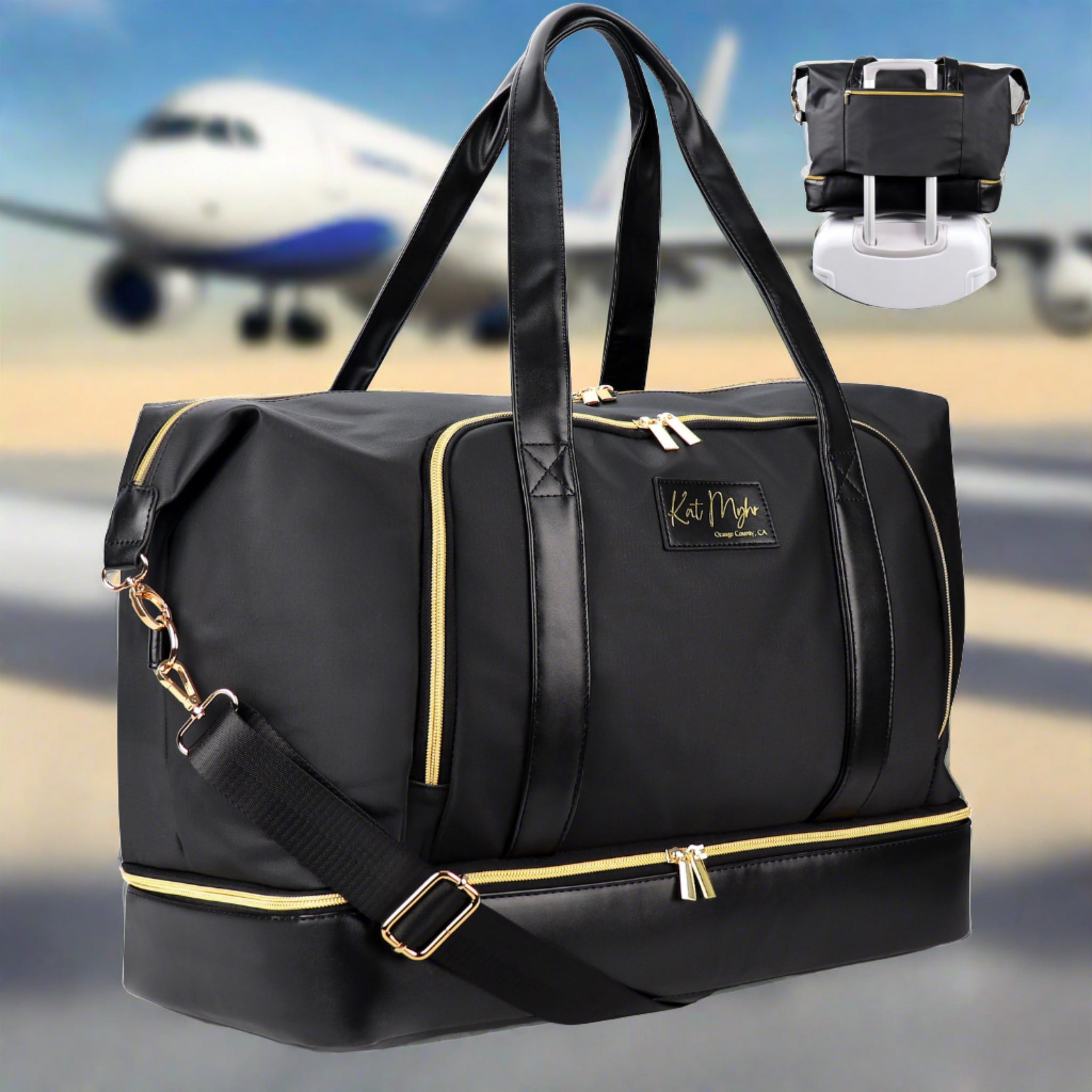 Kat Myhr Womens Weekender Travel Bag - Black with Gold Zippers